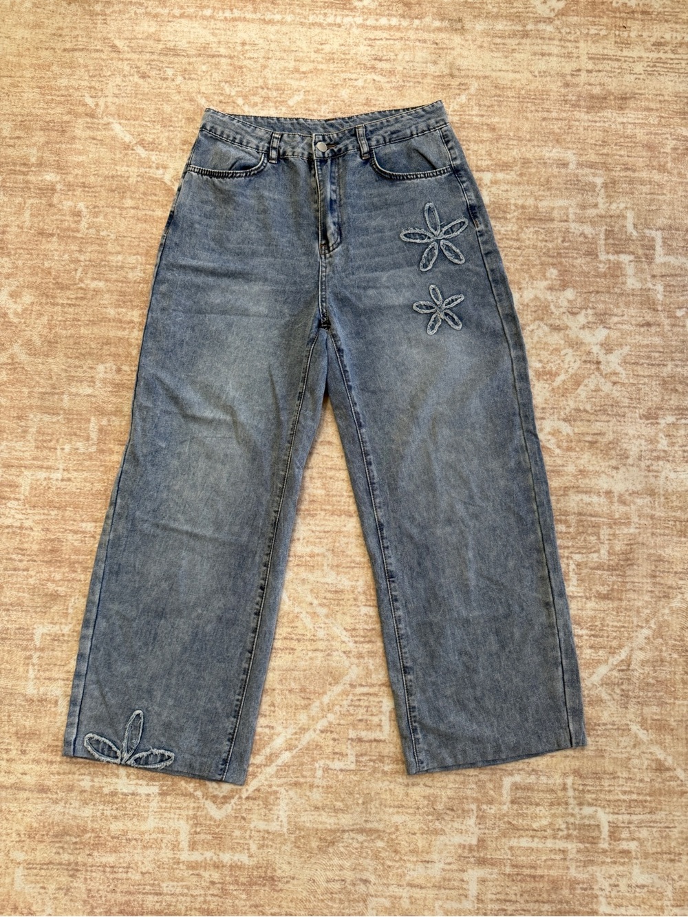 Forever 21 Blue Straight-Leg Jeans with Floral Stitch Appliqué